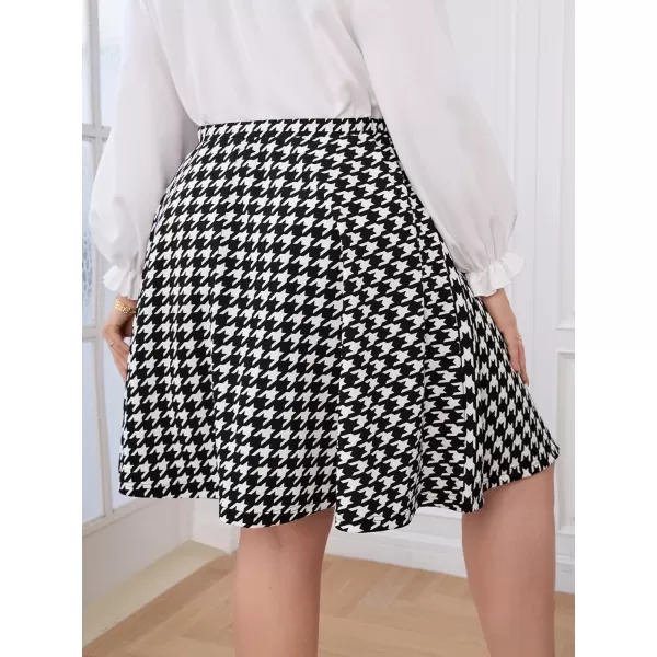 WDIRARA Women's Plus Size Houndstooth Elegant A Line High Waisted Belted Mini Skirt