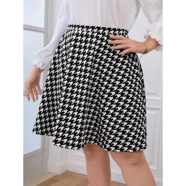 WDIRARA Women's Plus Size Houndstooth Elegant A Line High Waisted Belted Mini Skirt