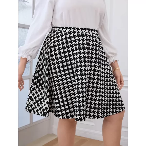 WDIRARA Women's Plus Size Houndstooth Elegant A Line High Waisted Belted Mini Skirt