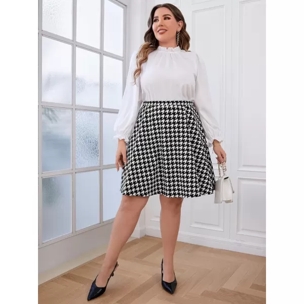 WDIRARA Women's Plus Size Houndstooth Elegant A Line High Waisted Belted Mini Skirt