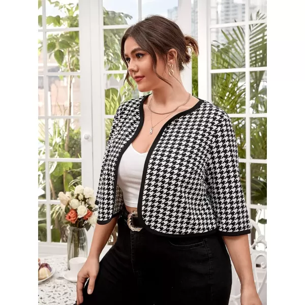 WDIRARA Women's Plus Size Houndstooth Open Front Contrast Binding Cropped Work Jacket