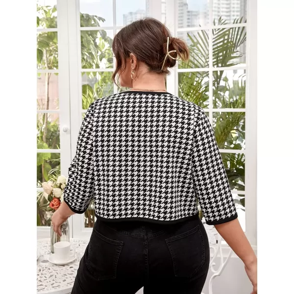 WDIRARA Women's Plus Size Houndstooth Open Front Contrast Binding Cropped Work Jacket