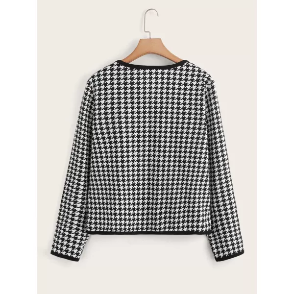 WDIRARA Women's Plus Size Houndstooth Open Front Long Sleeve Jacket Outerwear