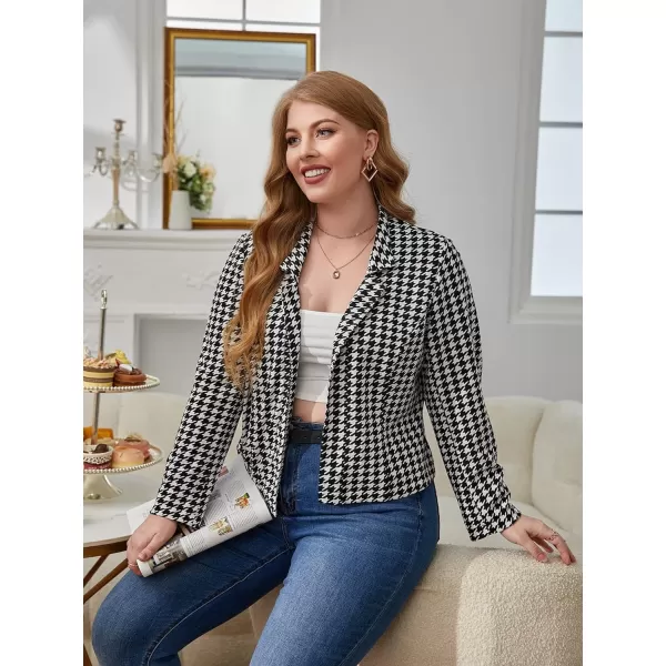 WDIRARA Women's Plus Size Houndstooth Print Long Puff Sleeve Open Front Jacket Blazer