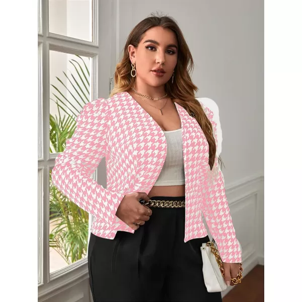 WDIRARA Women's Plus Size Houndstooth Print Long Puff Sleeve Open Front Jacket Blazer