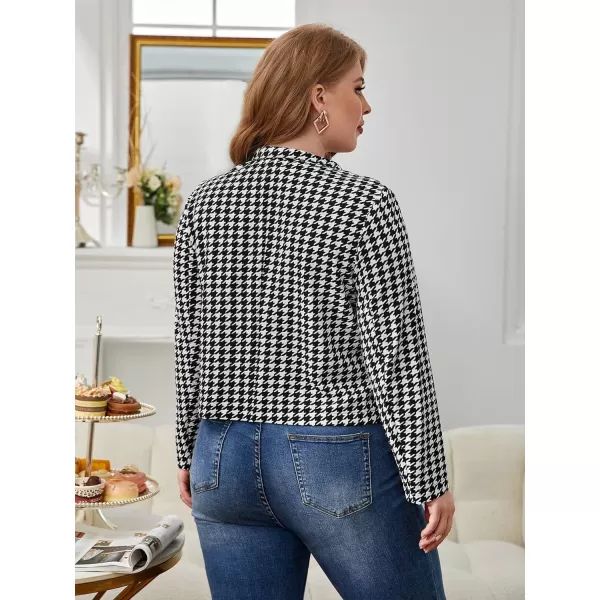 WDIRARA Women's Plus Size Houndstooth Print Long Puff Sleeve Open Front Jacket Blazer