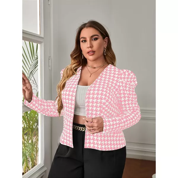 WDIRARA Women's Plus Size Houndstooth Print Long Puff Sleeve Open Front Jacket Blazer