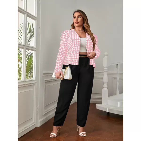 WDIRARA Women's Plus Size Houndstooth Print Long Puff Sleeve Open Front Jacket Blazer