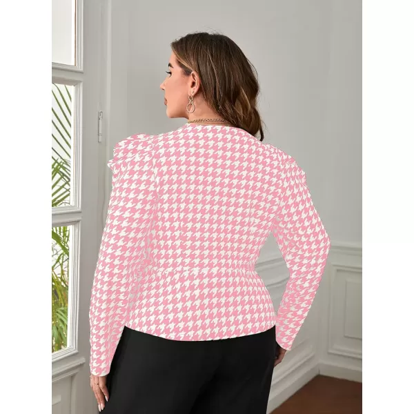 WDIRARA Women's Plus Size Houndstooth Print Long Puff Sleeve Open Front Jacket Blazer