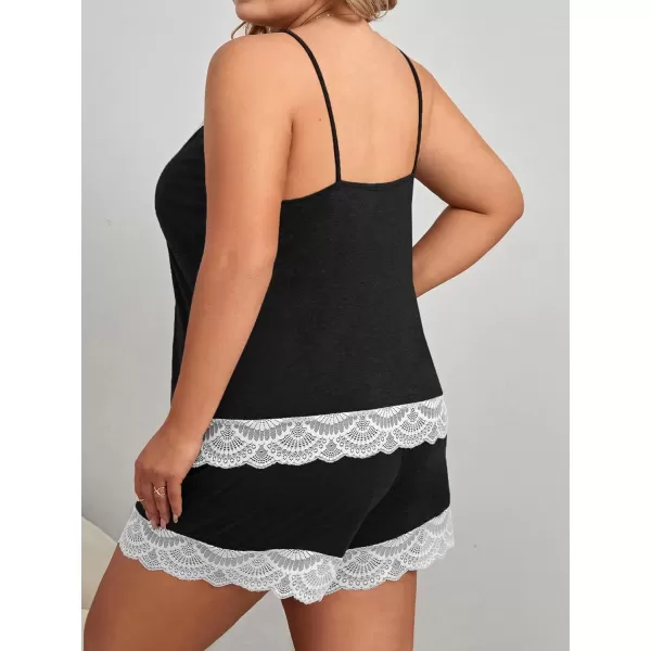 WDIRARA Women's Plus Size Lace Trim Cami Top and Shorts Ribbed Pajama Set Sleepwear