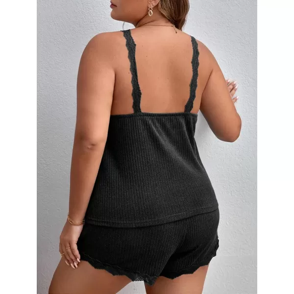 WDIRARA Women's Plus Size Lace Trim Cami Top and Shorts Ribbed Pajama Set Sleepwear