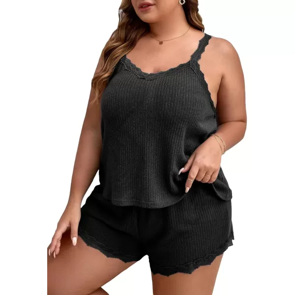 WDIRARA Women's Plus Size Lace Trim Cami Top and Shorts Ribbed Pajama Set Sleepwear
