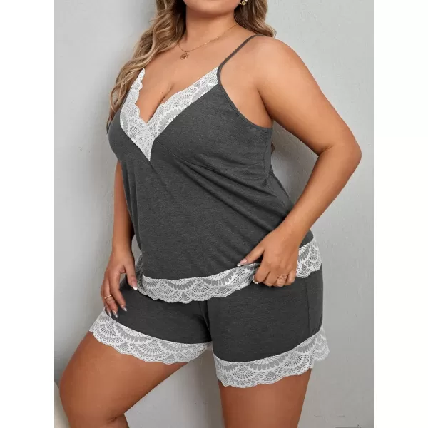WDIRARA Women's Plus Size Lace Trim Cami Top and Shorts Ribbed Pajama Set Sleepwear