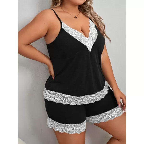 WDIRARA Women's Plus Size Lace Trim Cami Top and Shorts Ribbed Pajama Set Sleepwear