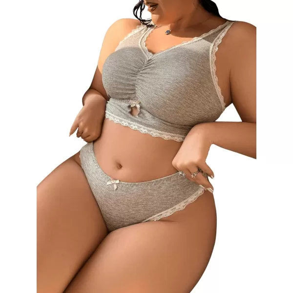 WDIRARA Women's Plus Size Lace Trim Ruched Underwire Lingerie Set Bralette and Panty Set