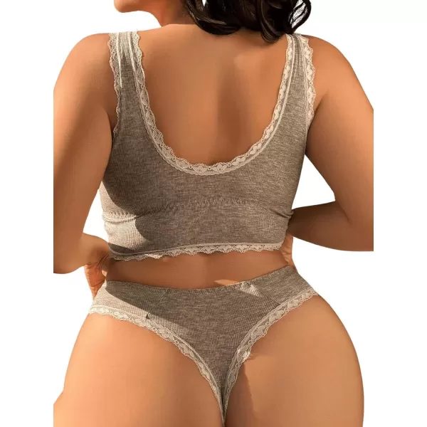 WDIRARA Women's Plus Size Lace Trim Ruched Underwire Lingerie Set Bralette and Panty Set