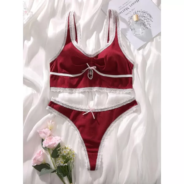 WDIRARA Women's Plus Size Lace Trim Ruched Underwire Lingerie Set Bralette and Panty Set