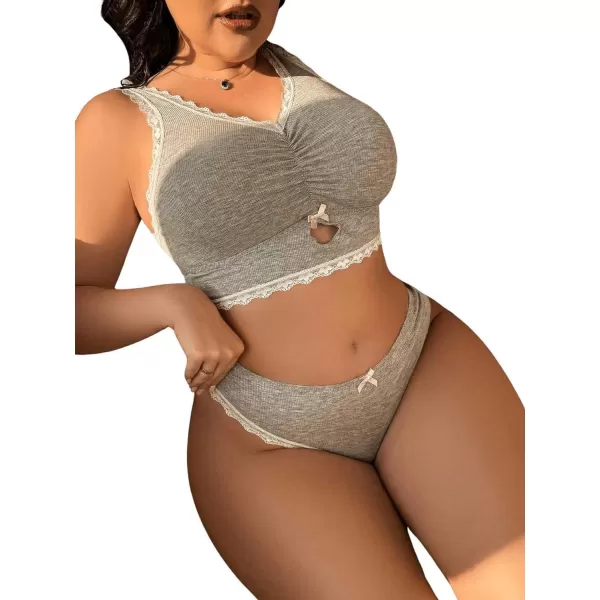 WDIRARA Women's Plus Size Lace Trim Ruched Underwire Lingerie Set Bralette and Panty Set