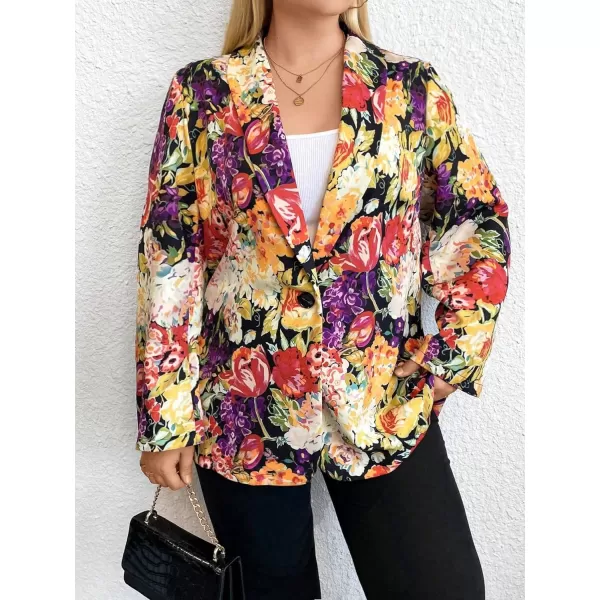 WDIRARA Women's Plus Size Lapel Collar Open Front Graffiti Graphic Button Blazer Jacket