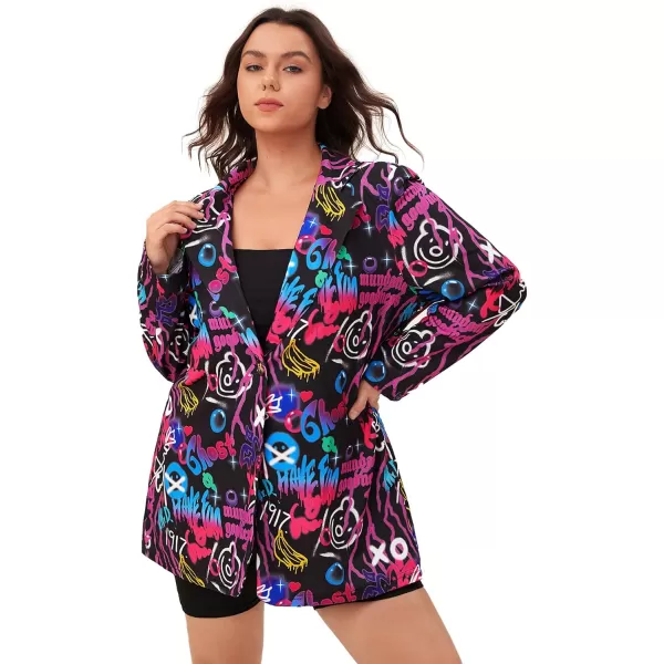 WDIRARA Women's Plus Size Lapel Collar Open Front Graffiti Graphic Button Blazer Jacket