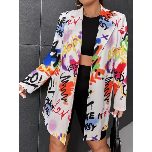 WDIRARA Women's Plus Size Lapel Collar Open Front Graffiti Graphic Button Blazer Jacket