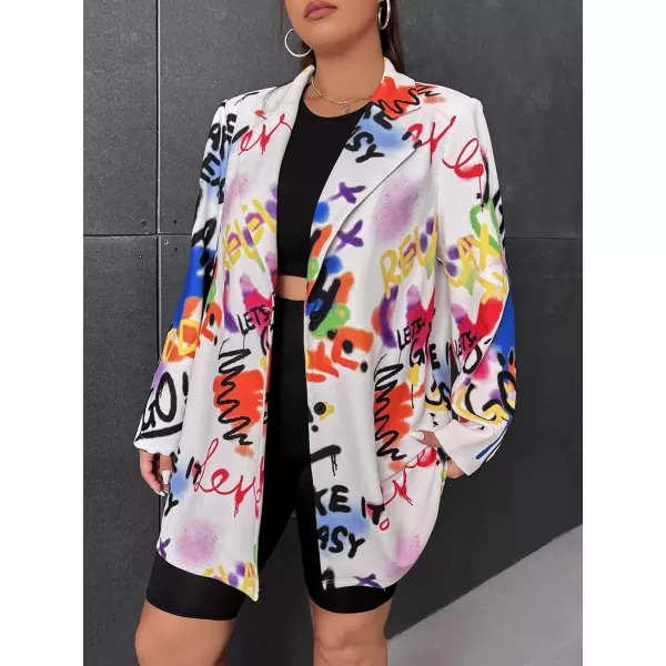 WDIRARA Women's Plus Size Lapel Collar Open Front Graffiti Graphic Button Blazer Jacket