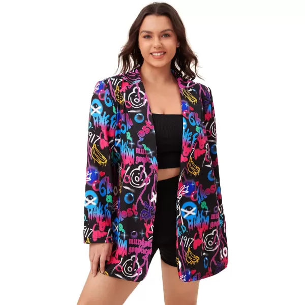 WDIRARA Women's Plus Size Lapel Collar Open Front Graffiti Graphic Button Blazer Jacket