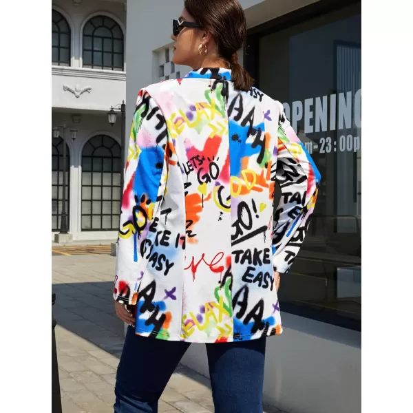 WDIRARA Women's Plus Size Lapel Collar Open Front Graffiti Graphic Button Blazer Jacket