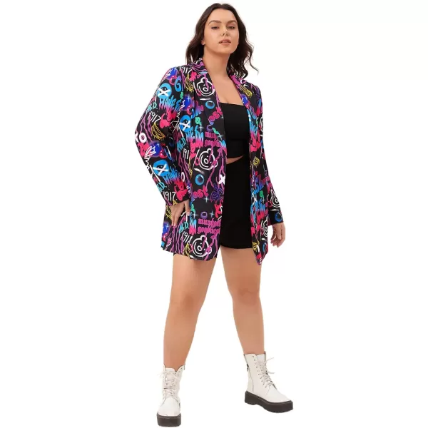 WDIRARA Women's Plus Size Lapel Collar Open Front Graffiti Graphic Button Blazer Jacket