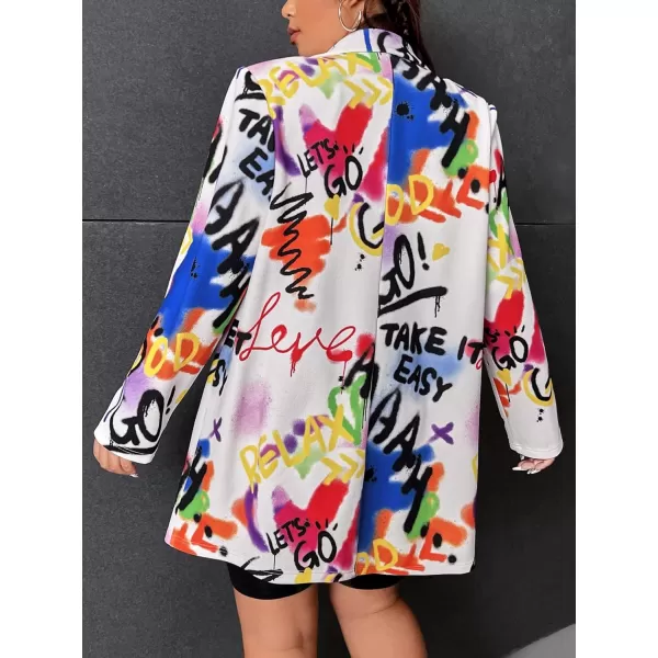 WDIRARA Women's Plus Size Lapel Collar Open Front Graffiti Graphic Button Blazer Jacket