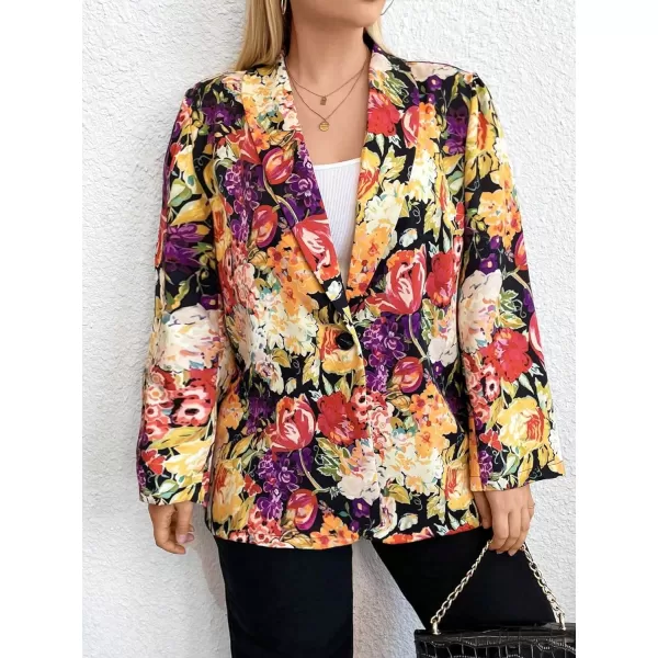 WDIRARA Women's Plus Size Lapel Collar Open Front Graffiti Graphic Button Blazer Jacket