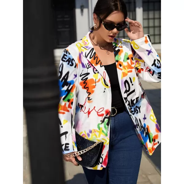 WDIRARA Women's Plus Size Lapel Collar Open Front Graffiti Graphic Button Blazer Jacket