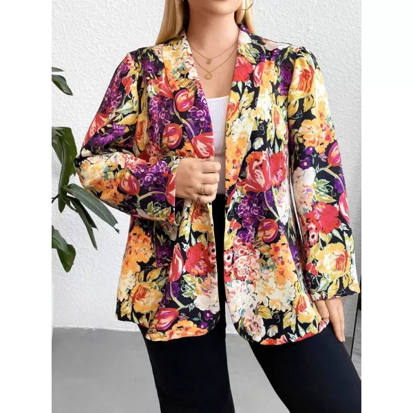 WDIRARA Women's Plus Size Lapel Collar Open Front Graffiti Graphic Button Blazer Jacket