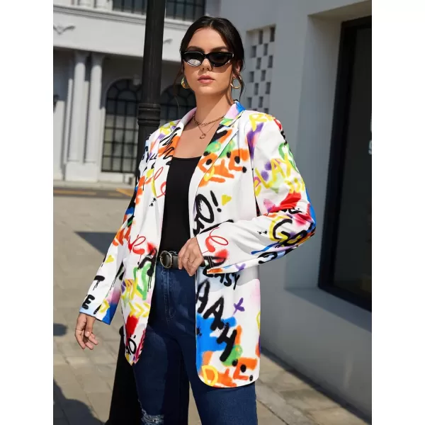 WDIRARA Women's Plus Size Lapel Collar Open Front Graffiti Graphic Button Blazer Jacket