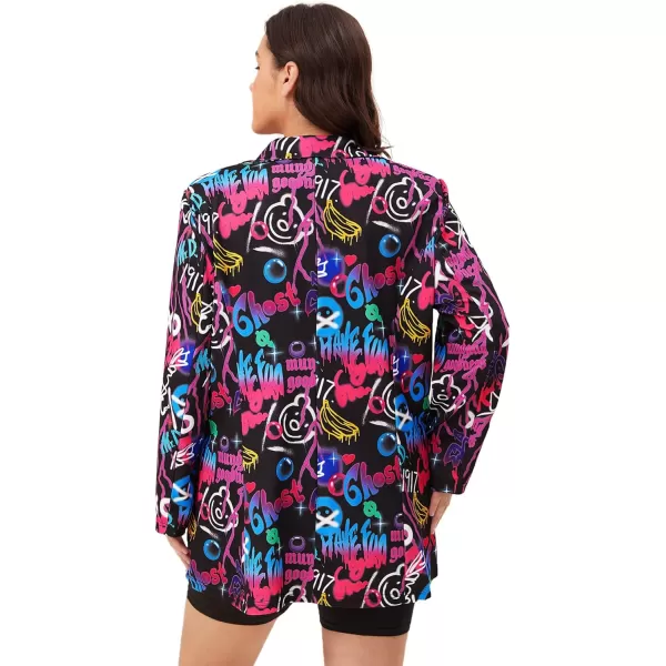 WDIRARA Women's Plus Size Lapel Collar Open Front Graffiti Graphic Button Blazer Jacket