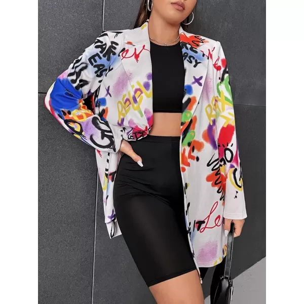 WDIRARA Women's Plus Size Lapel Collar Open Front Graffiti Graphic Button Blazer Jacket