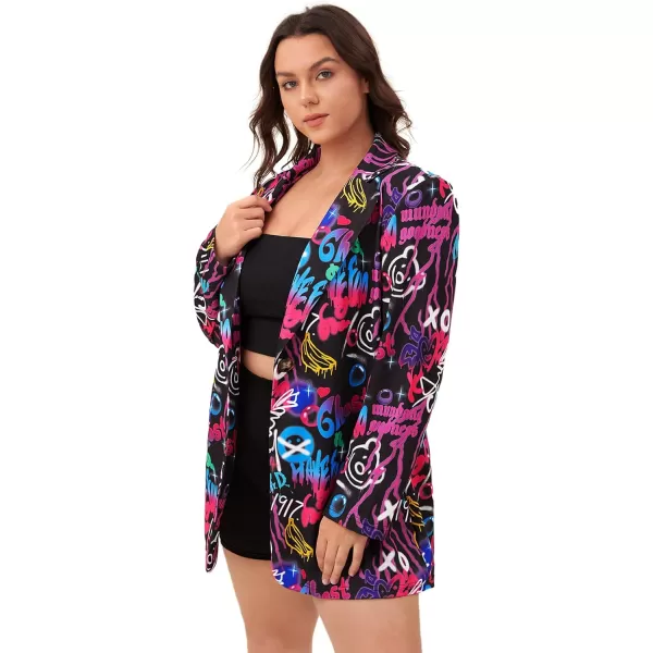 WDIRARA Women's Plus Size Lapel Collar Open Front Graffiti Graphic Button Blazer Jacket