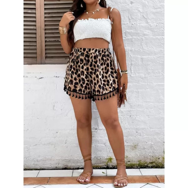 WDIRARA Women's Plus Size Leopard Print Tassel Trim High Waist Straight Leg Shorts