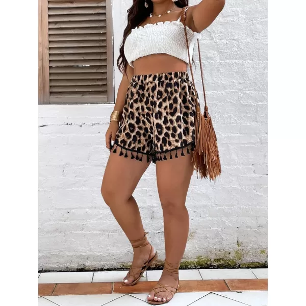 WDIRARA Women's Plus Size Leopard Print Tassel Trim High Waist Straight Leg Shorts