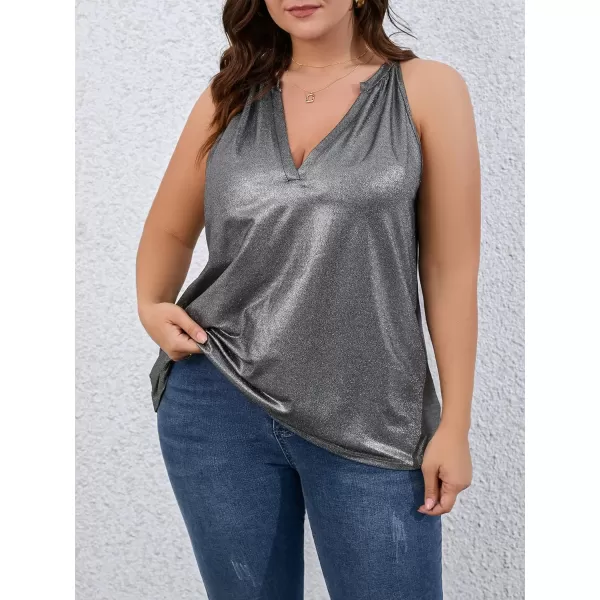 WDIRARA Women's Plus Size Notched V Neck Sleeveless Metallic Tank Top Party Tops