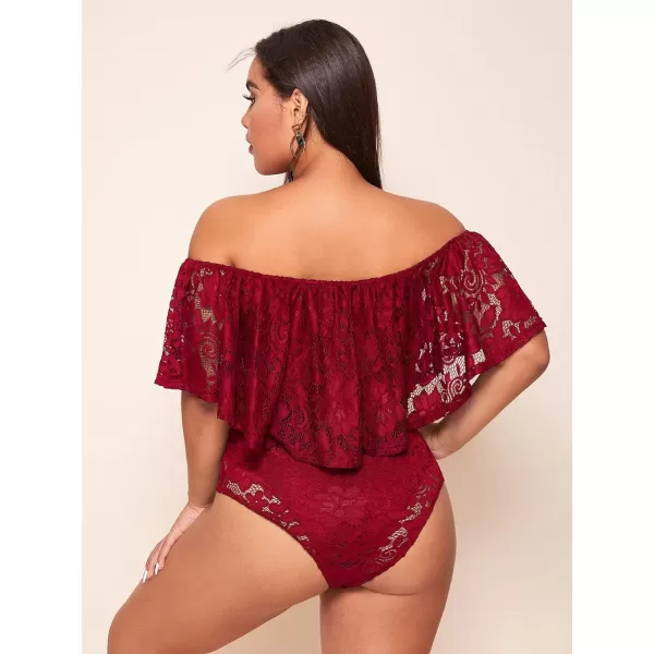 WDIRARA Women's Plus Size Off Shoulder Floral Lace Ruffle Trim Short Sleeve Bodysuit
