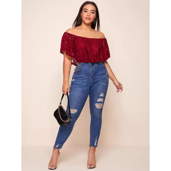 WDIRARA Women's Plus Size Off Shoulder Floral Lace Ruffle Trim Short Sleeve Bodysuit