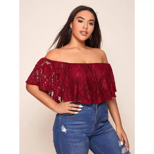 WDIRARA Women's Plus Size Off Shoulder Floral Lace Ruffle Trim Short Sleeve Bodysuit