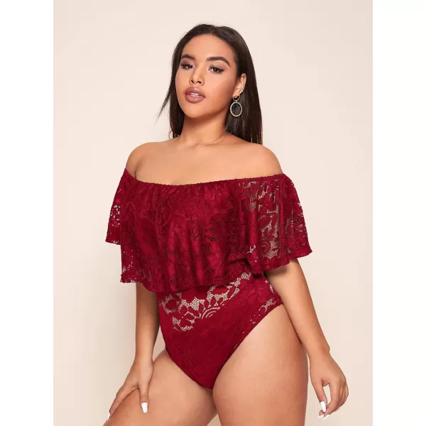 WDIRARA Women's Plus Size Off Shoulder Floral Lace Ruffle Trim Short Sleeve Bodysuit