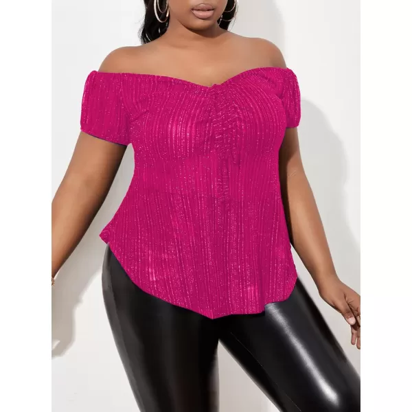 WDIRARA Women's Plus Size Off Shoulder Ruched Tie Front Mesh Short Sleeve Club Glitter Tops