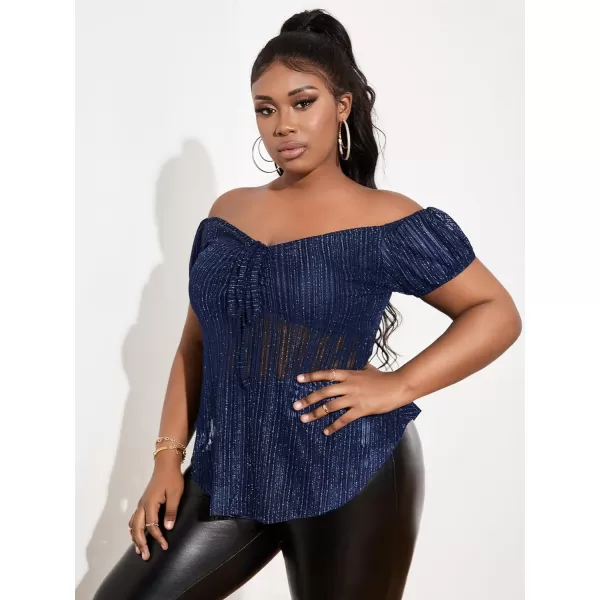 WDIRARA Women's Plus Size Off Shoulder Ruched Tie Front Mesh Short Sleeve Club Glitter Tops