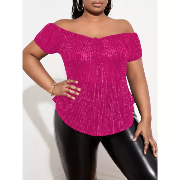 WDIRARA Women's Plus Size Off Shoulder Ruched Tie Front Mesh Short Sleeve Club Glitter Tops