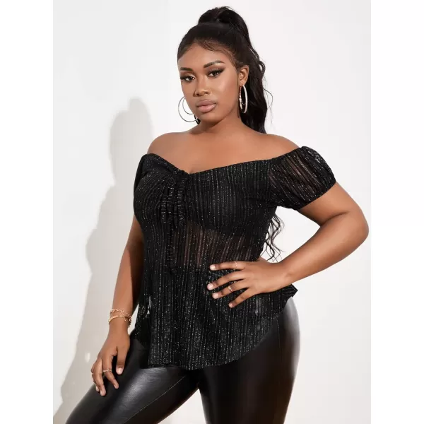 WDIRARA Women's Plus Size Off Shoulder Ruched Tie Front Mesh Short Sleeve Club Glitter Tops