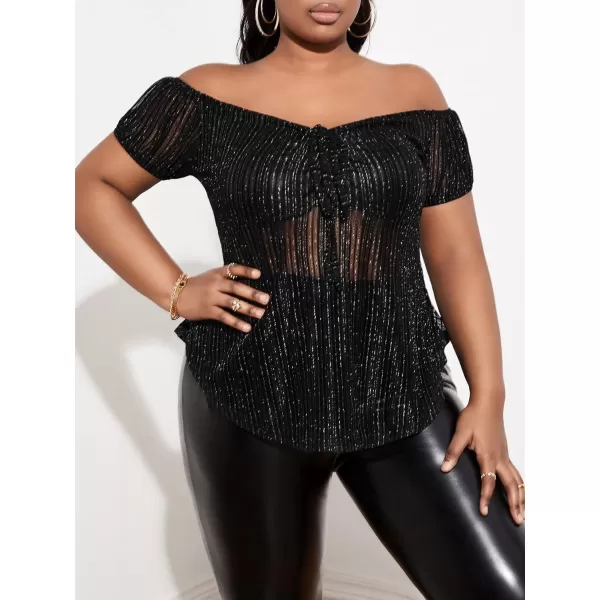 WDIRARA Women's Plus Size Off Shoulder Ruched Tie Front Mesh Short Sleeve Club Glitter Tops