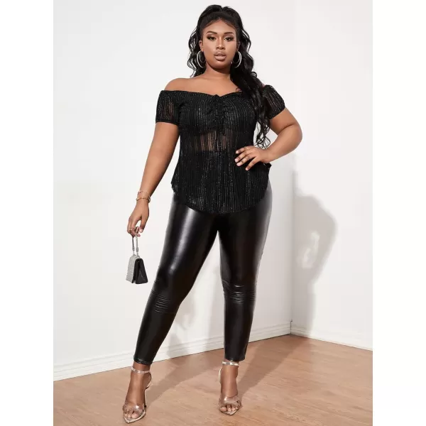 WDIRARA Women's Plus Size Off Shoulder Ruched Tie Front Mesh Short Sleeve Club Glitter Tops